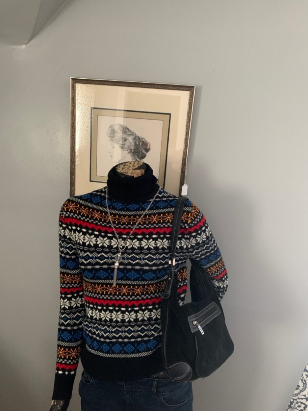 Vintage Black Fair Isle Turtleneck Sweater with Red & Blue Accents